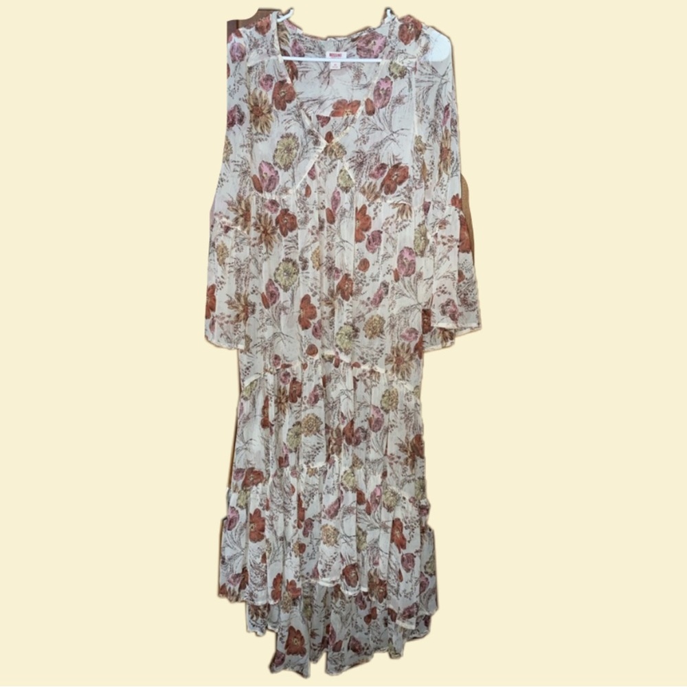 Missimo boho dress, long sleeve, floral, tan sheer, flowy